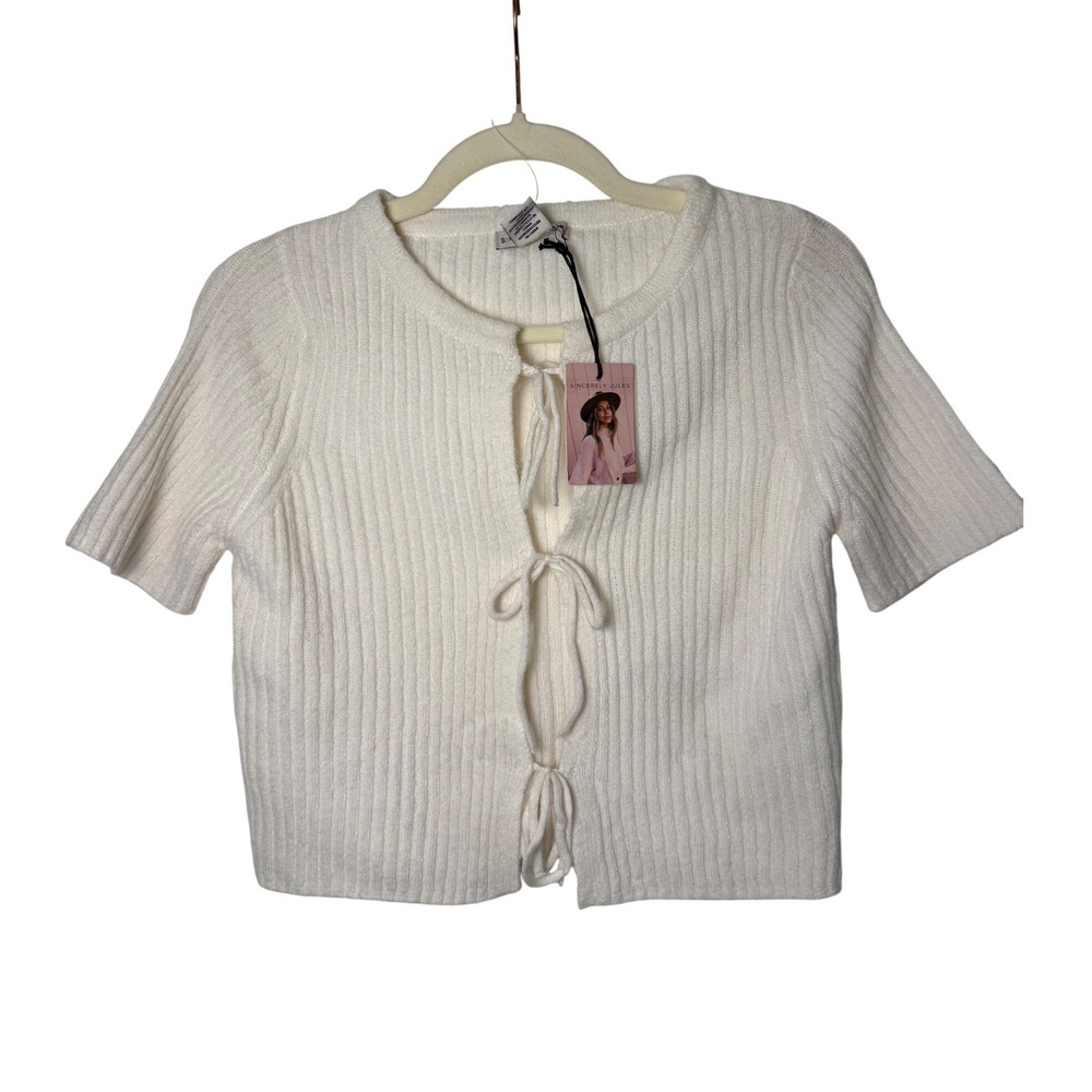 Sincerely Jules Cardigan Size XS White NEW Ribbed Tie Front Short Sleeve Sweater